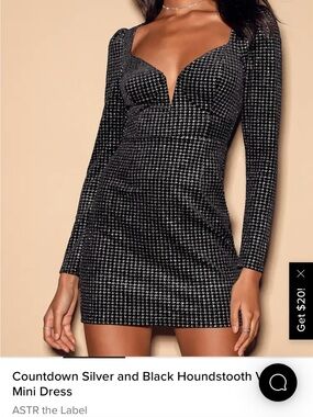 Astr Black & Silver Houndstooth V-Neck Long Sleeve Mini Dress